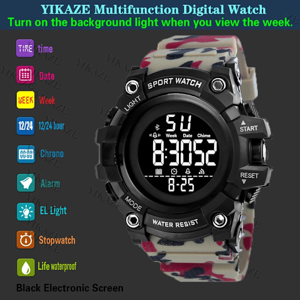 Sport Watch Multifunktion Militär Watch Vækkeur Stor urskive Digitale ure Vandtæt elektronisk armbåndsur Sort