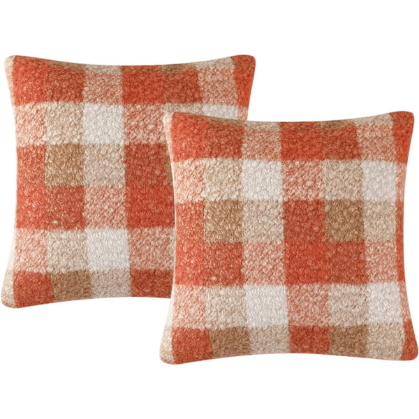 Recitem Sett med 2 Orange Rutete Høst Putetrekk 45x45cm, Koselig Høstdekorasjon til Sofa eller Seng