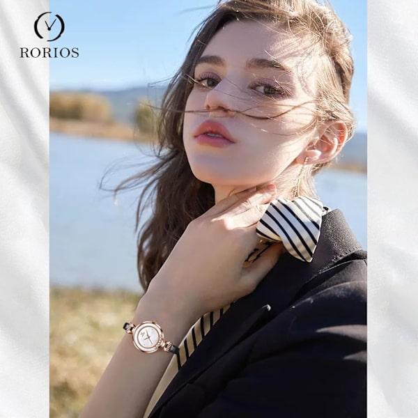 Elegant Damearmbåndsur med Diamant - Analogt Kvartsur Vannresistent Smaragd Ur - Mote Klesur med Lærreim Svart Black