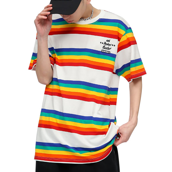CQBB Färgglad regnbågsrandig t-shirt för kvinnor, regnbåge med rund hals S