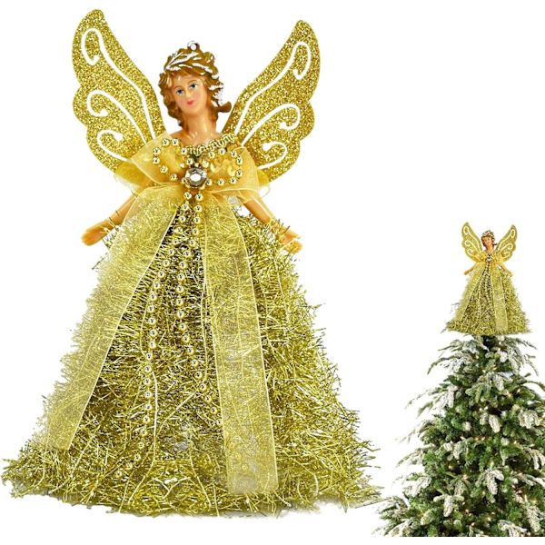 Julängel Träd Topp, 8-Delars Ornament Set för Semester Dekoration & Presenter Gold