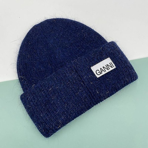 Strikket herre- og damelue Ganni Vinter Varm Cap Mansjettstrikket Stretch Beanie Hat Navy blue