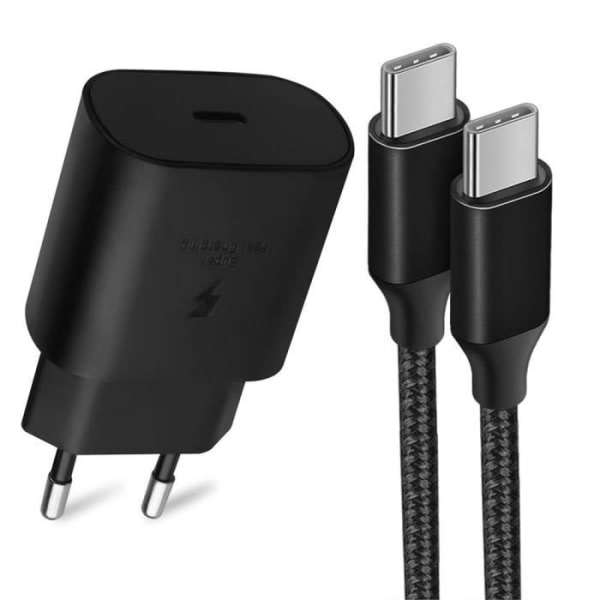 CQBB 25W PD-lader + 1M nylon USB-C til USB-C-kabel for Samsung S22 Ultra S22 S23+ S23 Ultra S21 FE S21 S20 S10 S9 - Svart