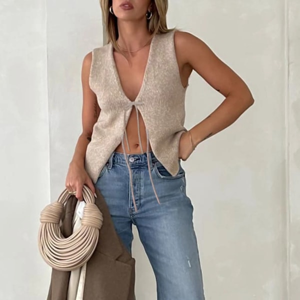 Kvindernes Vintage Y2k Trøje Strik Vest Monteret Ærmeløs Åben Front Til Bog Knap Tie-Up V Hals Solid Farve Tanktop Til Sommeren F S
