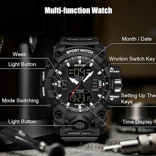 Mænds Mode Sports Armbåndsur Multifunktionelt Elektronisk Ur Digitalt Kvartsur Dobbelt Display Ur til Dreng 50m Vandafvisende Sort B Black B