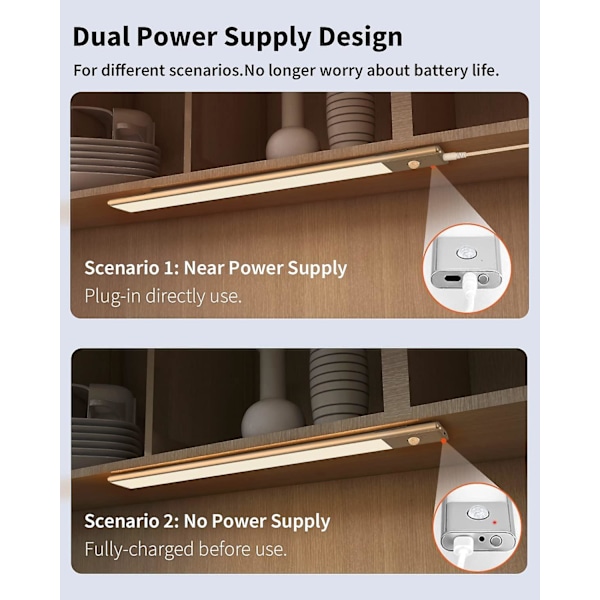 2-i-1 LED-lampa för kök under skåp, USB uppladdningsbar och 5V DC-driven, 40 cm självhäftande rörelsesensorljusremsa, trådlös ledstång