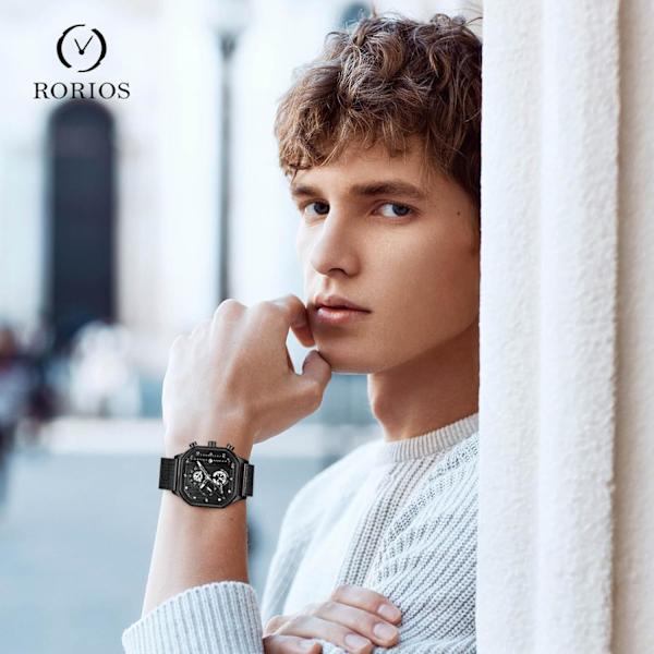 Herrar Kvartsur Klocka Mode Fyrkantig Armbandsur Luminous Analog Klocka Multifunktionell Kronograf Klocka Fritid Rostfritt Stål Herrklocka Svart B Black B