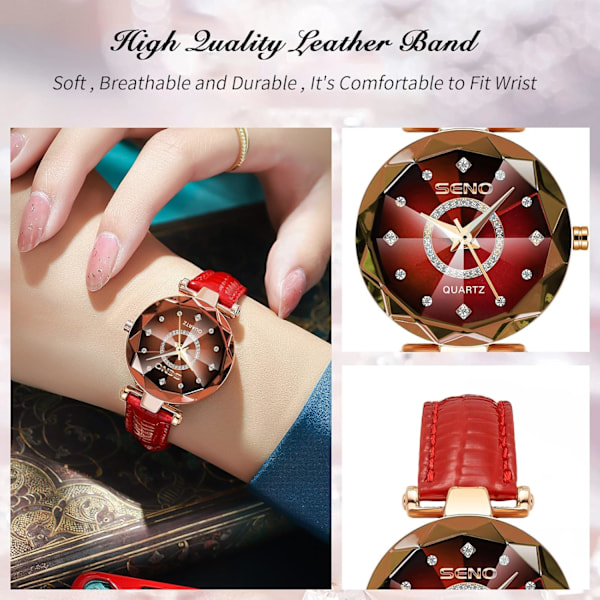 Damklocka Analog Kvartsur med Rostfritt Stålband Vattentät Damklocka Mode Rhinestone Armbandsur för Dam Flickor Röd a Red a