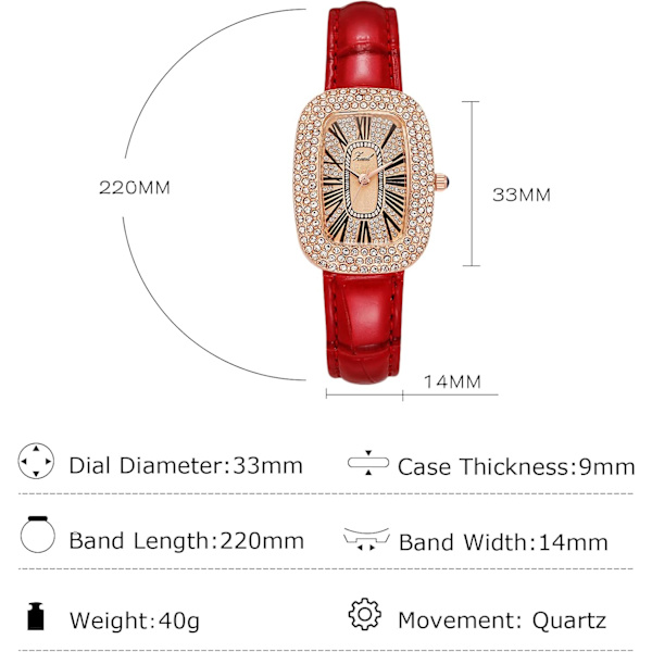 Naisten timanttikello Analog Quartz Rhinestone rannekello Naisten elegantti kello Nahkahihna Vedenkestävä kello Punainen RED