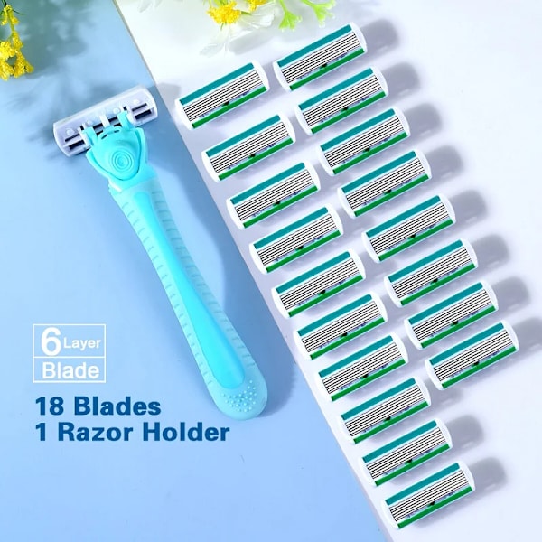 1 håndtak 18 blader / Menn og kvinner kroppshår bikini sikkerhets barberblad kvinne hår fjerning barbering shaver erstatningshoder blå