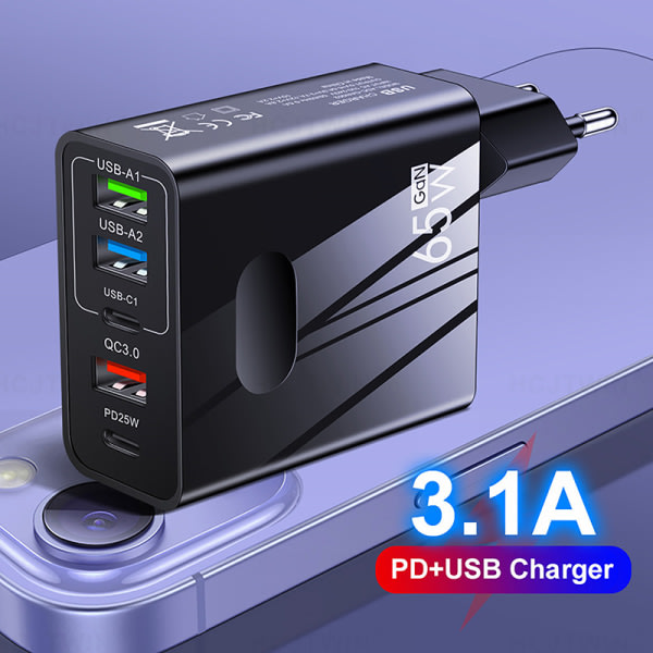 Hög kvalitet 65W USA EU UK USB PD Multi Plugs Laddare 3.1A Trave A3 SQBB