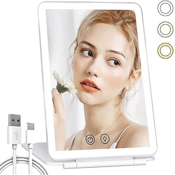 Resesminkspegel, upplyst sminkspegel med 80 led-lampor och 3-färgs, USB uppladdningsbar hopfällbar sminkspegel för sminkresor outi