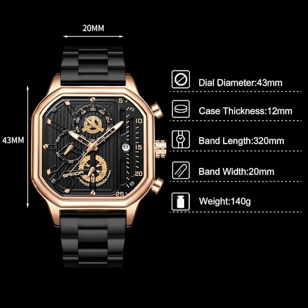Herrar Kvartsur Klocka Mode Fyrkantig Armbandsur Luminous Analog Klocka Multifunktionell Kronograf Klocka Fritid Rostfritt Stål Herrklocka Svart Guld C Black gold C