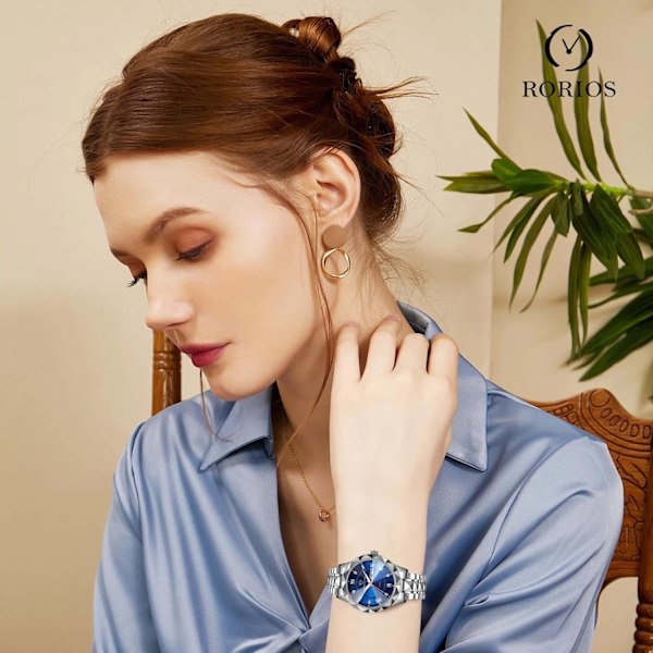 Enkel Dame Armbåndsur i Rustfrit Stål Elegant Analog Kvarts Lysende Blå B Blue B