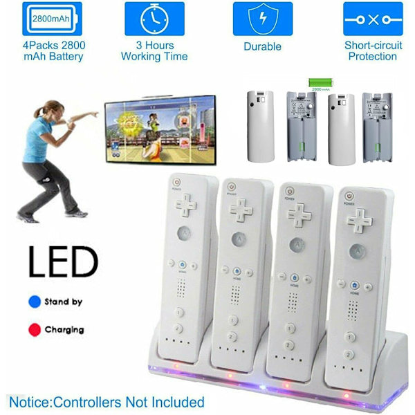 Wii Controller Lade Station, 4 i 1 Controller Lade Dock med 4 stk. 2800mAh Genopladelige Batteripakker til Wii/Wii U Spil Fjernbetjening Hvid White