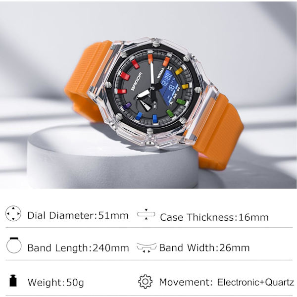 Modeherrklockor Multifunktionella Elektroniska Armbandsur 50m Vattentäta Klockor Digital Analog Kvartsur Trendiga Dubbla Skärmar Herrklockor Orange orange