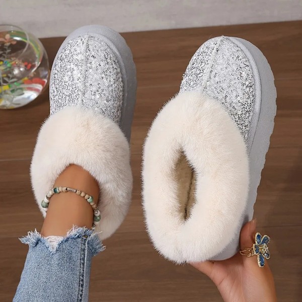 Faux Päls Vintersövlar Kvinnor 2024 Mode Sequined Tyg Värm Snö Stövövlar Kvinna Icke-Slipa Förtjocka Plus Ankel Booties Plus Si Se 44. svart 37