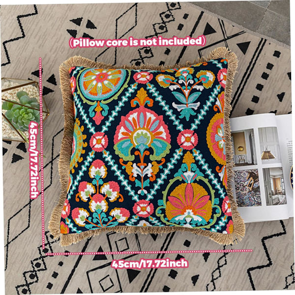 Broderad kastkuddfodral vintage tofs 18x18 tum kuddfodral bomullssoffa kuddfodral med dragkedja för soffa, sängkast kuddfodral
