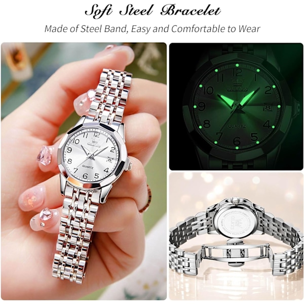 Dames Klassisk Rustfrit Stål Armbåndsur Elegant Analog Kvartsur Kvinder Vandafvisende Ur Lysende Dato Kalender Ur Hvid White