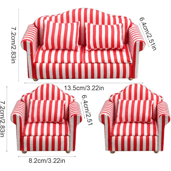 Nukkekodin sohvasetti - 1:12 mittakaava Punainen & Valkoinen Raidalliset Miniatyyri Nojatuolit Lasten Leikkikaluille RED Three piece set