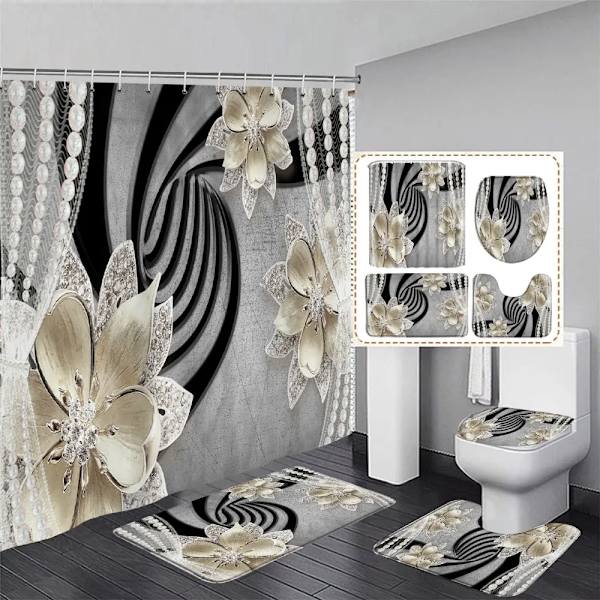 Elegantti ja tyylikäs fantasiahelmi- ja timantti-kimppu 3D-tyyli suihkuverho ja kylpymattosetti Koti kylpyhuoneen sisustus 3149SD -verho W220xH180cm