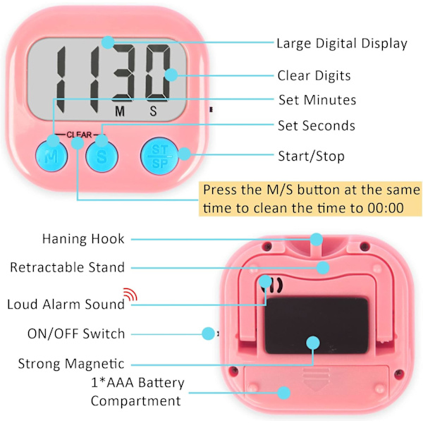4-pakks klasserom-timer for barn - Stor magnetisk digital timer - Blå/Rosa Blue Pink 2