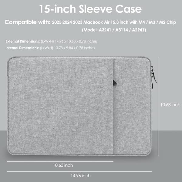 15,3-tums laptopfodral, vattentät canvas, vadderat mockafoder, tillbehörsfickor, för MacBook Air, hem, kontor och resor, grå