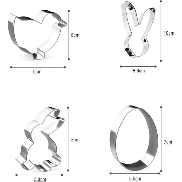 Påskkakformar, 4-pack - Kanin, Kycklingar, Ägg, Kaninhuvud för Bakning, Rostfritt Stål K