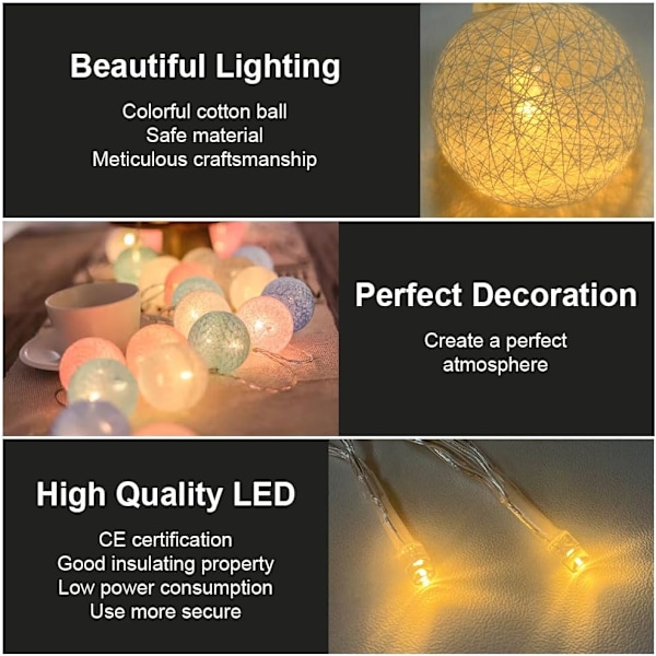 Bomuldsbolde lyskæde, 3,3 m bomuldsbolde lyskæde, 20 LED bolde lyskæde, lyskæde, LED lyskæde til børneværelse, soveværelse, jul, bryllup, fest Macaron USB