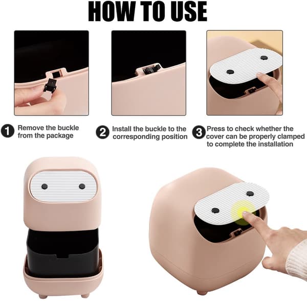 Mini papperskorg med lock, skrivbordskorg i plast med trycköppningslock, för kontor, badrum och sovrum, rosa
