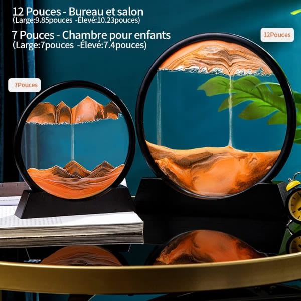 CQBB Flödande sandmålning (orange, 7 tum) - Dynamisk sandbild, rund glas 3D timglasram, rörlig sandkonstbild för hemmakontorsdekoration