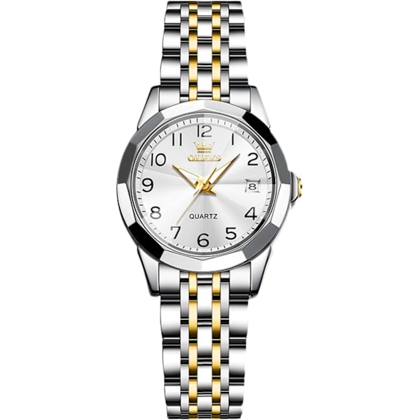 Damklocka i Klassisk Rostfritt Stål Elegant Analog Kvartsur Damklocka Vattentät Klocka Luminous Datum Kalender Klocka Vitguld White gold