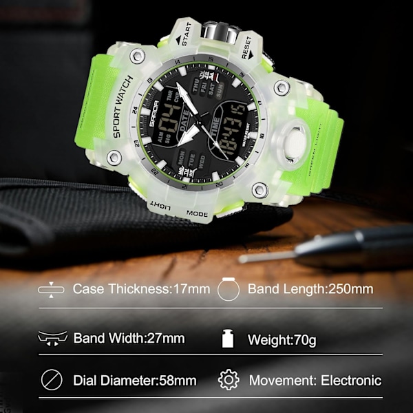 Herrar Sport Armbandsur Multifunktionell Elektronisk Klocka Digital Kvartsur Dubbel Display Klocka för Pojke 50m Vattentät GRÖN Green