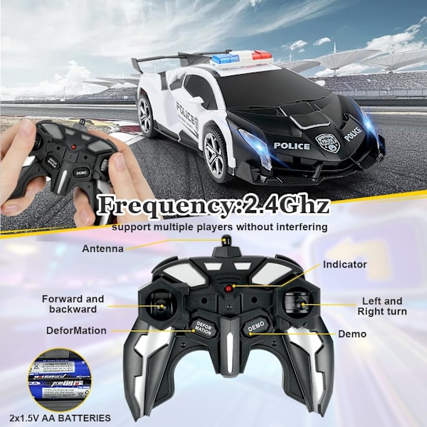 Fjärrstyrd bil, 1:18 transformerande leksak, 2-i-1 Transform robotleksak med 2,4 GHz fjärrkontroll, polisbil, leksak Vit