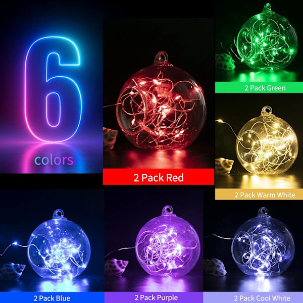 12 Pak Batteridrevne Fe-Lys, 7ft 20 LED til Bryllup, Mason Jar 6 Colors 12 Pack