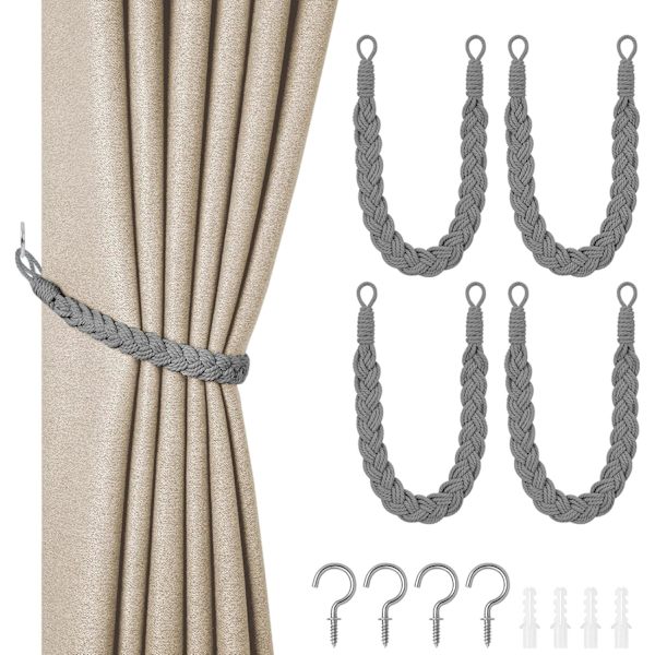 Puuvillaköyden Verhotarrat, 2-Paketti Käsinneulotut Verhokiinnikkeet, Harmaa Grey-4 pcs