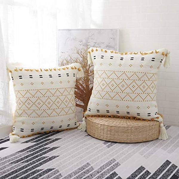 2PC Ländryggkuddfodral, Handvävda Tuftade Yellow Yellow