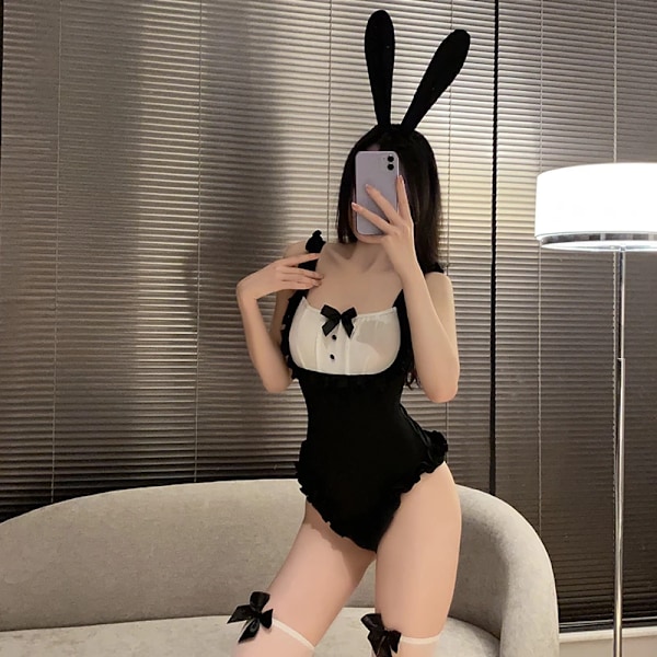 Mub- Anime cosplay pupu seksikäs asu avoin haara body pääpannalla setti GR2328 Musta Musta Black Free
