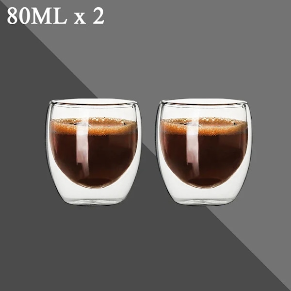 80ml dubbelväggat glaskopp 2/12ST Transparent handgjord värmebeständig tedrink set Espresso kaffe Mjölkmuggar Present 2pcs 80ml Som visas