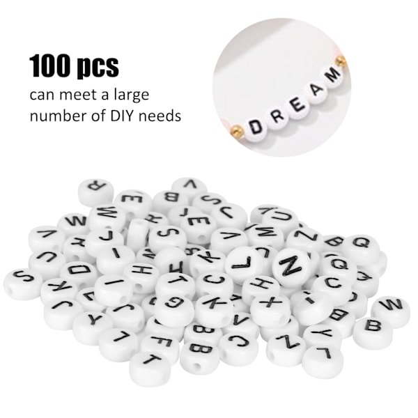 100 stk alfabetperler i akrylmaterial, oblatformet, svart, bokstavsanheng, DIY-smykketilbehør