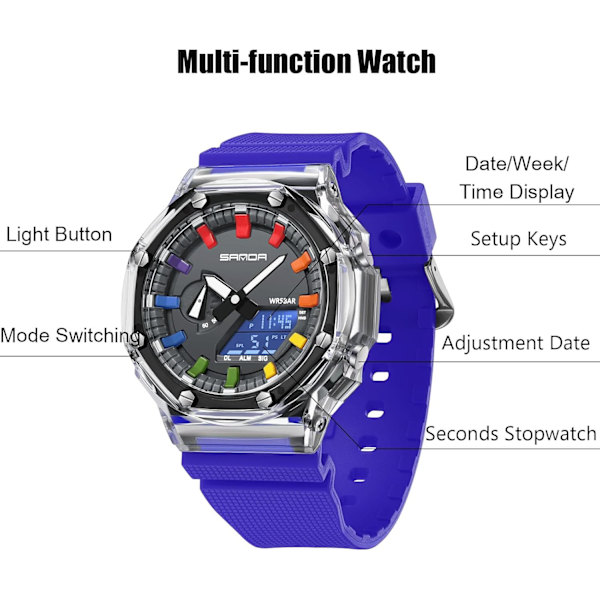Menn Multifunksjonell Elektronisk Armbåndsur 50m Vanntett Klokker Digital Analog Kvarts Klokker Trendy Dobbel Skjerm Herreklokker Blå A Blue A