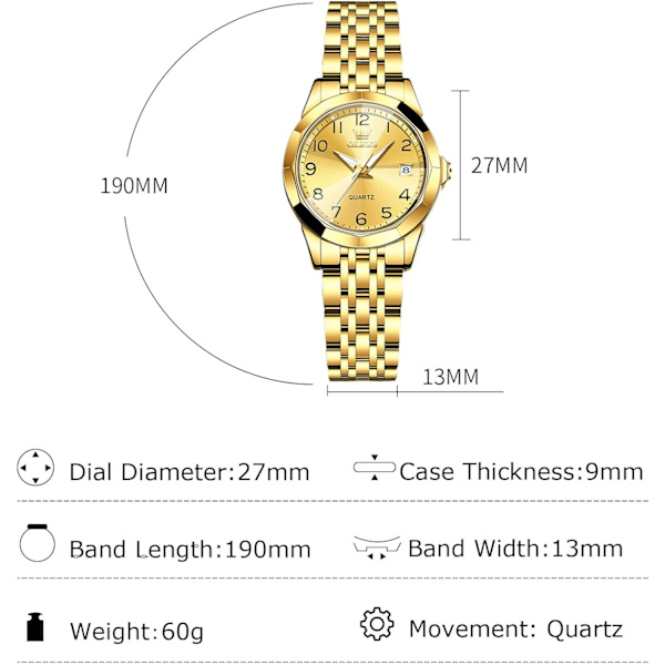 Klassiker Dame Armbåndsur i Rustfritt Stål Elegant Analog Kvartsur Vannresistent Klokker Lysende Dato Kalender Klokker Gull Gold