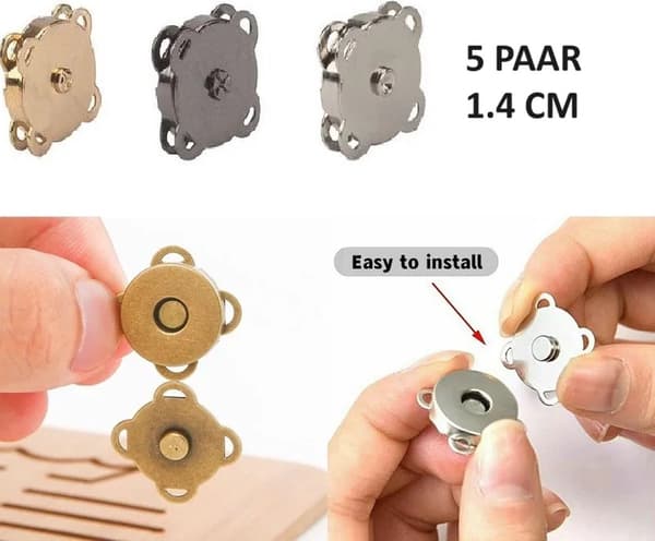 5 par magnetiska tryckknappar | Magnetlås | Magnetiska ersättningsknappar för kläder, väskor, etc. | Magnetlås | 1,4 CM | Silver