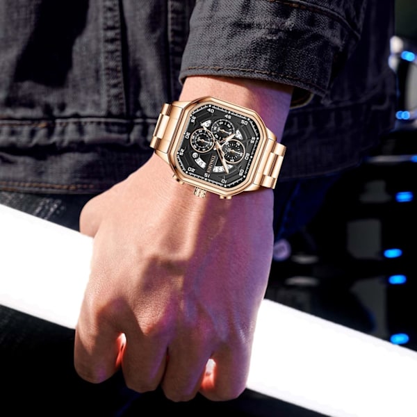 Analog Kvarts Herrklocka Mode Multifunktionell Armbandsur Kronograf Luminous Watch Män Stål Herrklocka Kvadratisk Fritidsklocka Guld A Gold A