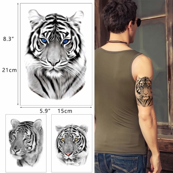 CQBB 6 ark svart tigerlejon tillfällig tatuering, armbröstbentatueringsklistermärke för män kvinnor, vilda djur Djurdesigner Kroppskonst