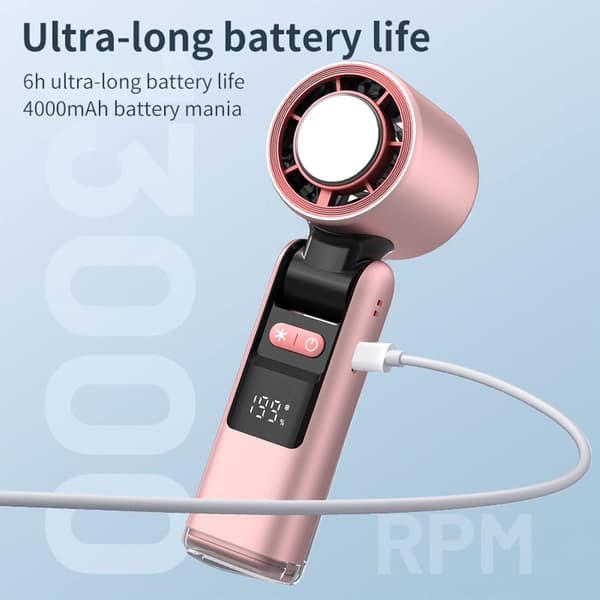 Håndventilator - LED Digitalt Display - 3-i-1 Foldbar Ventilator - Ideel til Rejser - Camping - Udendørs - Kontor (Pink)