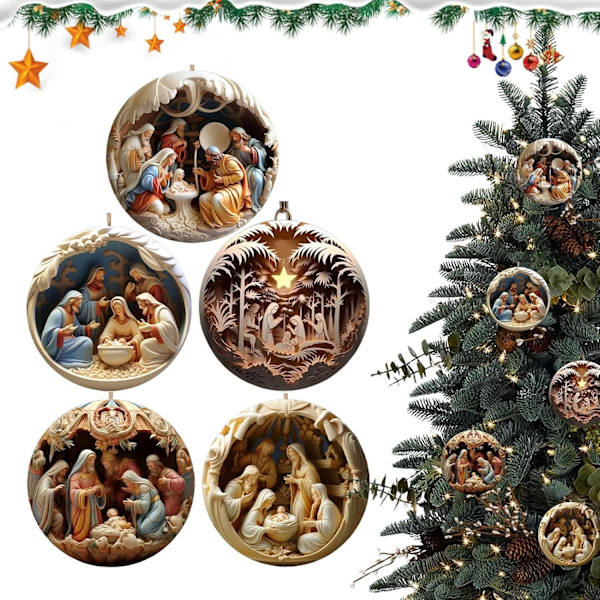 5-delt Julekrybbe Ornamentsett, Kristne Juledekorasjoner, Souvenirgaver Packaging of 5 pieces