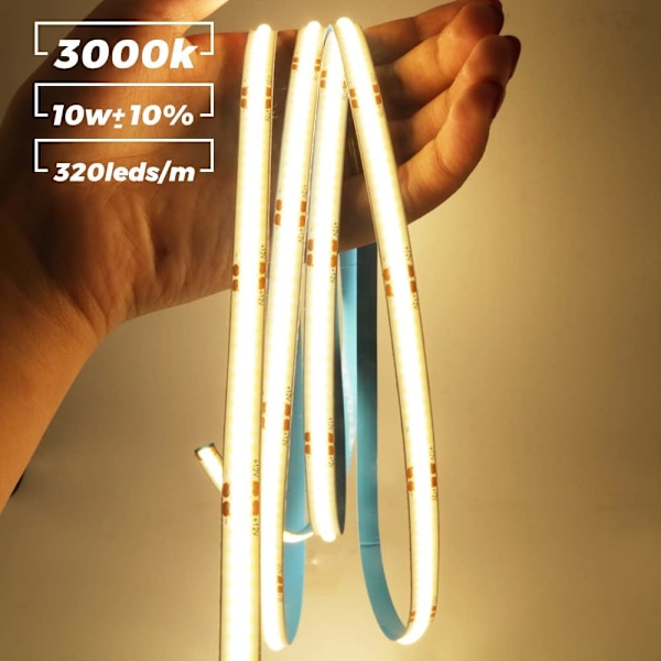 Arote 24V COB LED Strip - 2m Vandtæt Varmt Hvid 3000K, IP65 Dæmpbar, 320 LED'er/m Høj Lysstyrke til Hjemmedekoration (Strømforsyning Medfølger Ikke) Warm white m