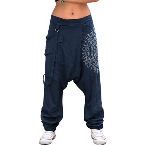 Fianao Dam Låg Midja Drop Crotch Retro Print Saggy Baggy Byxor Lös Harem Byxor-WELLNGS Vit Navy Blue 2XL
