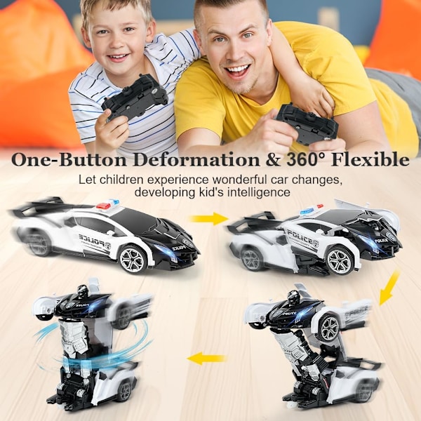 Fjärrstyrd bil, 1:18 transformerande leksak, 2-i-1 Transform robotleksak med 2,4 GHz fjärrkontroll, polisbil, leksak Vit